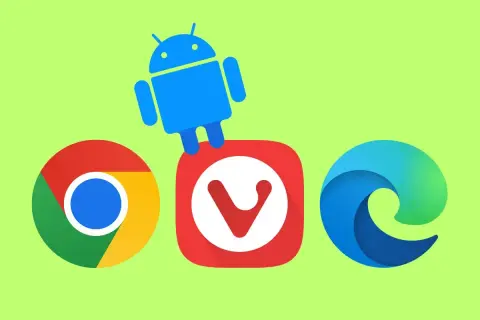 Android robot nad ikonami Chrome, Vivaldi i Edge. Jaka przeglądarka na Androida będzie najlepsza?