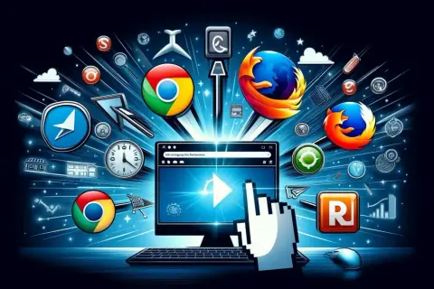 Ikony przeglądarek internetowych (Chrome, Firefox) wokół ekranu komputera z kursorem myszy.