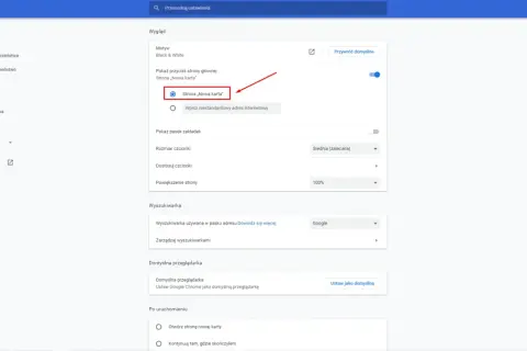 Ustawienia przeglądarki Chrome. Widok strony "Nowa karta". Możesz tu zmienić ustawienia, aby łatwiej było Ci jak zmienić przeglądarkę na Google.