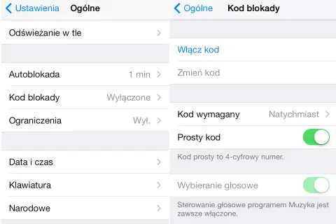 Ekran iPhone'a pokazuje ustawienia "Ogólne", gdzie można zobaczyć opcję "Kod blokady". Aby zmienić kod w iPhone, należy przejść do tej sekcji.