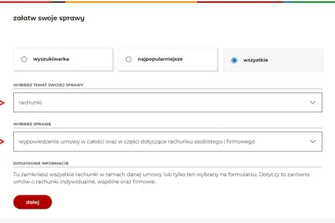 Formularz mBank: wybierz "rachunki", a następnie "wypowiedzenie umowy" by dowiedzieć się jak zamknac konto w mbank przez aplikacje.