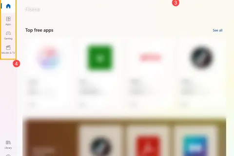 Ekran główny Microsoft Store z paskiem wyszukiwania i menu po lewej stronie.
