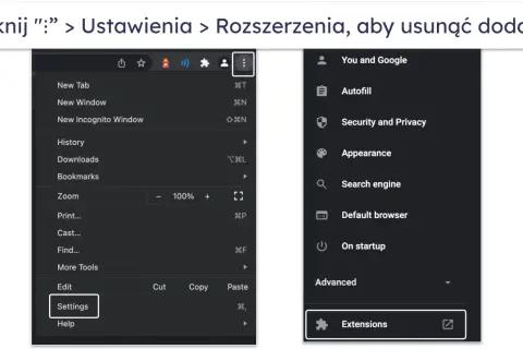 Kliknij „:”: > Ustawienia > Rozszerzenia, aby usunąć Yahoo z przeglądarki Chrome.