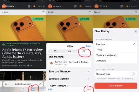 Gdzie jest przeglądarka w iPhone? Ikona książki na dole ekranu otwiera historię, a opcje czyszczenia są widoczne.