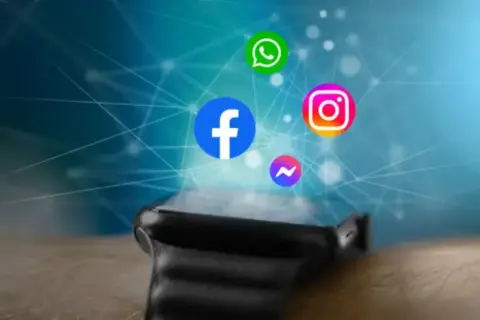 Ikony Facebook, Instagram, WhatsApp i Messenger unoszą się nad nowoczesnym smartwatchem, sugerując, jak dodać aplikacje do smartwatcha.