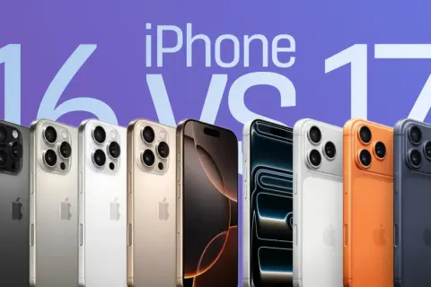 Rząd iPhone'ów w różnych kolorach, z napisem "iPhone 16 vs 17". Kiedy wychodzi iPhone 16?