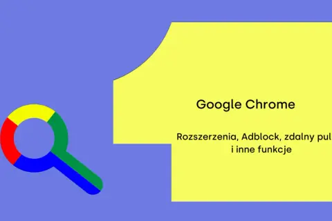 Grafika z lupą w kolorach Google i napisem "Google Chrome".
