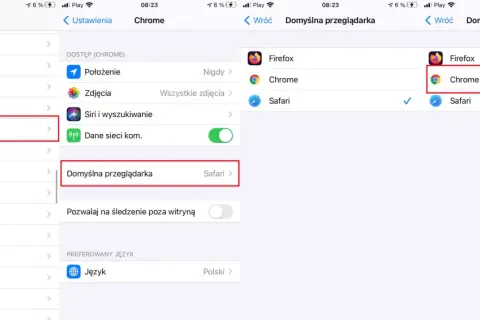 Ustawienia domyślnej przeglądarki: wybierz Chrome, aby ustawić go jako domyślną przeglądarkę.
