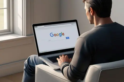 Mężczyzna siedzi przy oknie i szuka w internecie, jak ustawić Google jako domyślną przeglądarkę.