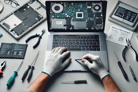 Naprawa laptopa, wymiana baterii. Widać rozebrany sprzęt, narzędzia i instrukcję. Uszkodzona bateria w laptopie objawy mogą być różne, ale ten obraz pokazuje proces naprawy.
