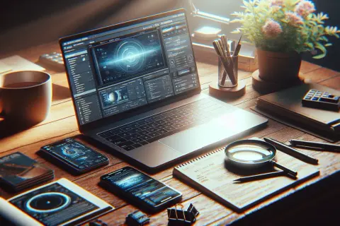 Na biurku leży otwarty laptop z ekranem pełnym danych, obok kubek kawy, telefony i lupa. Idealne miejsce, gdzie sprawdzić model laptopa.