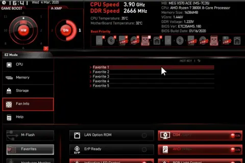 Ekran BIOS MSI Click BIOS 5. Widoczny jest interfejs EZ Mode, opcje takie jak CPU, Memory, Storage, Fan Info. W prawym górnym rogu znajduje się informacja o wersji BIOS. To dobry punkt wyjścia, by dowiedzieć się, jak zaktualizować BIOS.