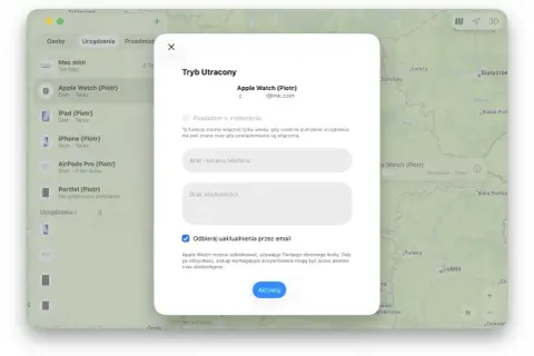 Ekran aplikacji "Znajdź" pokazuje, jak śledzić iPhone'a i inne urządzenia Apple. W trybie utraconym można podać numer telefonu i wiadomość.