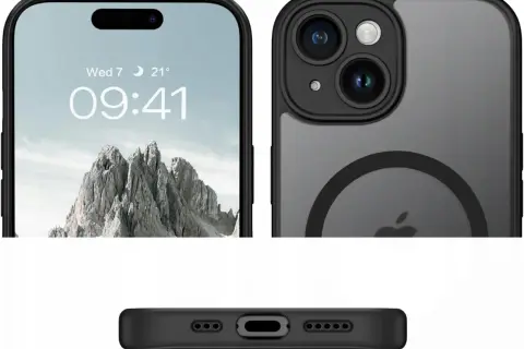 Etui na iPhone 12 pasuje do 13? Zobacz zbliżenia ekranu, aparatu i dolnej krawędzi telefonu w czarnym etui.