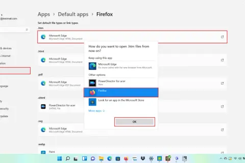 Ustawianie domyślnej przeglądarki w Windows 11: wybierz Firefox jako domyślną aplikację do otwierania plików .htm.
