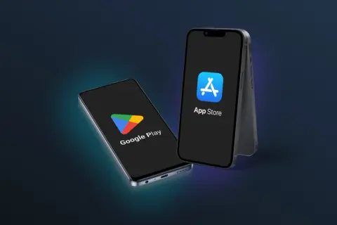 Dwa telefony z logo Google Play i App Store. Dowiedz się, jak kupić aplikacje na Google Play.