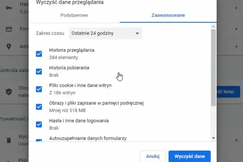 Okno "Wyczyść dane przeglądania" pokazuje, jak wejść w historię przeglądarki, zaznaczając elementy do usunięcia.