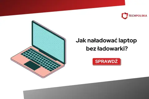 Ilustracja przedstawia laptopa i tekst "Jak naładować laptopa bez ładowarki?". Dowiedz się, jak to zrobić!