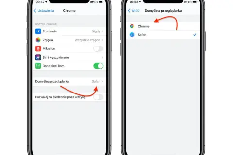 Dwa ekrany iPhone'a pokazujące ustawienia domyślnej przeglądarki: Chrome i Safari.