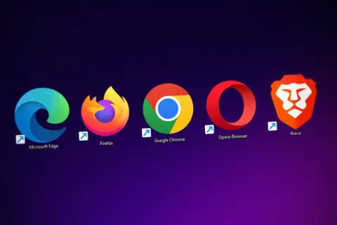 Ikony przeglądarek: Microsoft Edge, Firefox, Google Chrome, Opera, Brave. Dowiedz się, jak zaktualizować przeglądarkę, aby zapewnić bezpieczeństwo i szybkość.