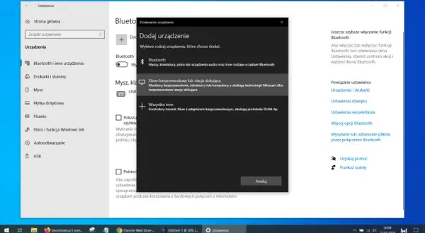 Ustawienia Windows: dodawanie urządzenia. Wybierz "Ekran bezprzewodowy lub stacja dokująca", by dowiedzieć się, jak przenieść obraz z laptopa na telewizor bezprzewodowo.