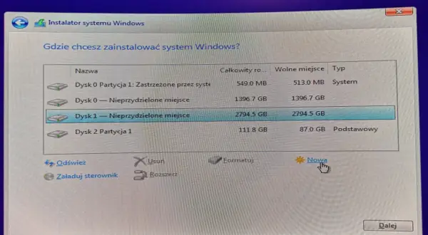 Instalator Windows. Wybór partycji do instalacji. Dysk 1 - Nieprzydzielone miejsce, 2794.5 GB. Kliknij "Nowa", aby utworzyć partycję.
