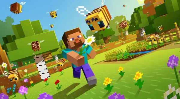 Steve z Minecraft Bedrock trzyma kwiat, otoczony przez pszczoły. Dowiedz się, jak zaktualizować Minecraft Bedrock, by cieszyć się nowymi funkcjami.