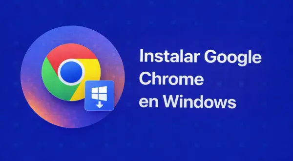 Logo Google Chrome i ikona pobierania dla Windows na niebieskim tle.