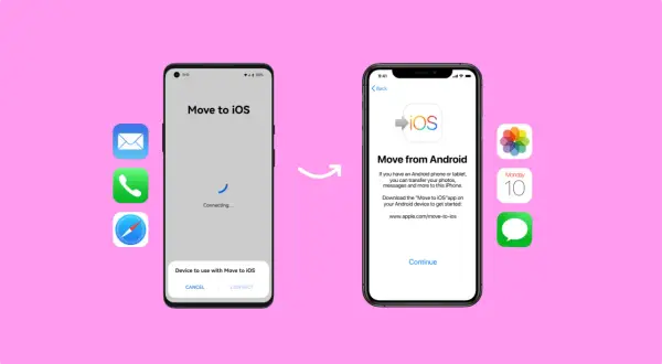 Ilustracja pokazuje, jak przenieść dane z Androida na iPhone. Widoczne są ekrany aplikacji "Move to iOS" na obu urządzeniach.