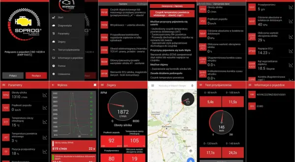 Aplikacja SDPROG pokazuje dane diagnostyczne pojazdu, w tym obroty silnika, prędkość i temperaturę. Można tu sprawdzić, jak zaktualizować sdprog, przeglądając menu Ustawienia.