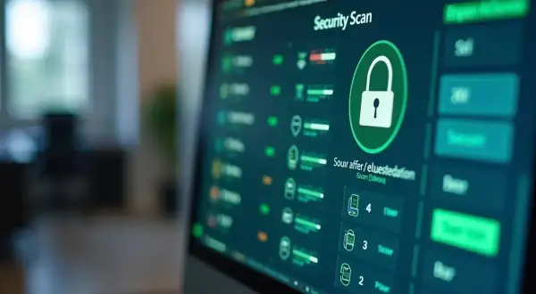 Ekran komputera z programem do skanowania bezpieczeństwa. Widoczny komunikat "Security Scan" i ikona kłódki. Program może pomóc w kwestii jak zaktualizować sterowniki.