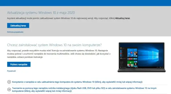 Strona pobierania Windows 10. Dowiedz się, jak zaktualizować Win 8.1 do 10 lub zainstalować system na nowo.