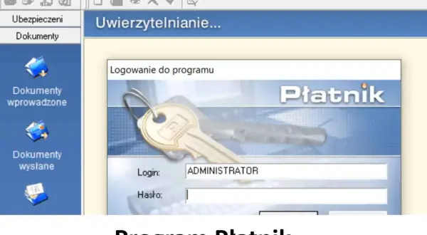 Ekran logowania do programu Płatnik. Klucz symbolizuje bezpieczeństwo, a okno logowania sugeruje, jak zaktualizować certyfikat kwalifikowany w płatniku.