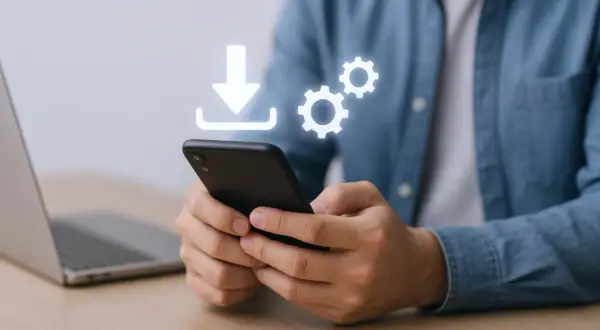 Dłoń trzymająca smartfon z ikonami pobierania i ustawień.