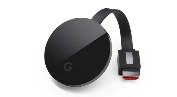 Czarny Chromecast z logo Google. Dowiedz się, jak zaktualizować Chromecast, aby cieszyć się najnowszymi funkcjami.