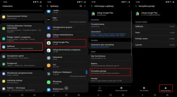 Ekran telefonu pokazuje, dlaczego nie mogę zaktualizować Usługi Google Play. Widoczne są ustawienia aplikacji, informacje o Usługach Google Play i zarządzanie pamięcią.