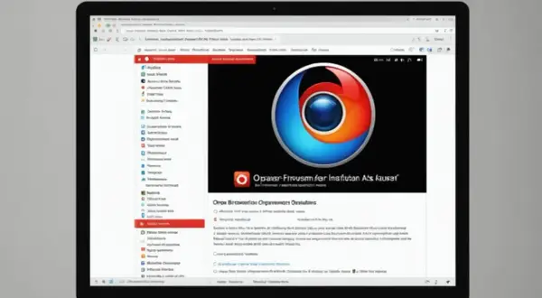 Instrukcja jak zainstalować przeglądarkę. Na ekranie laptopa widoczny jest interfejs przeglądarki z logo Firefox i tekstem.