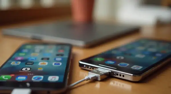 Dwa telefony podłączone kablem USB do laptopa. Dowiedz się, jak przenieść aplikacje na pulpit.