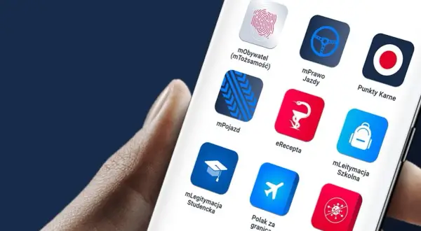Ekran telefonu z aplikacją mObywatel. Widoczne ikony: mTożsamość, mPrawo Jazdy, Punkty Karne, mPojazd, eRecepta, mLegitymacja Szkolna, mLegitymacja Studencka, Polak za granicą, Koronawirus - informator. Dowiedz się, jak zaktualizować mObywatel.