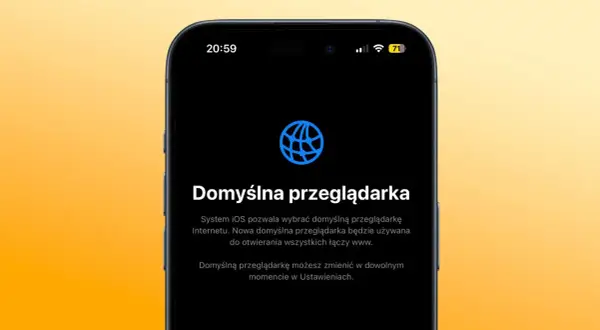 Ikona przeglądarki na ekranie telefonu z tekstem "Domyślna przeglądarka".