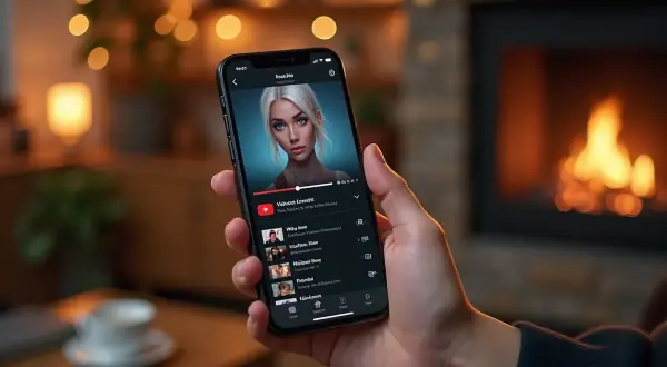 Telefon z aplikacją YouTube, pokazujący jak pobrać aplikacje YouTube na telefon. W tle kominek i przytulne światło.