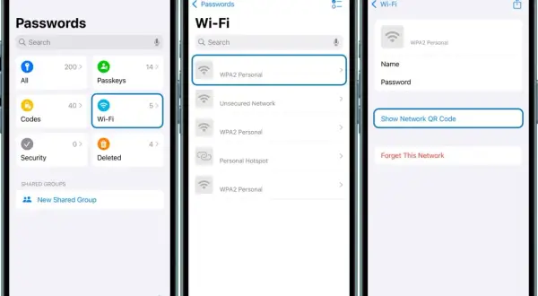 Jak udostępnić Wi-Fi iPhone: zobacz zapisane sieci Wi-Fi, wybierz jedną, by pokazać kod QR lub zapomnieć.