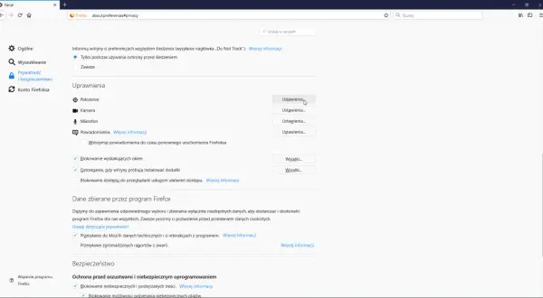 Ustawienia przeglądarki Firefox. Sekcja "Uprawnienia" pokazuje opcje dotyczące lokalizacji, kamery i mikrofonu. Kliknij "Ustawienia..." obok "Położenie", aby dowiedzieć się, jak włączyć sprawdzanie lokalizacji w przeglądarce.