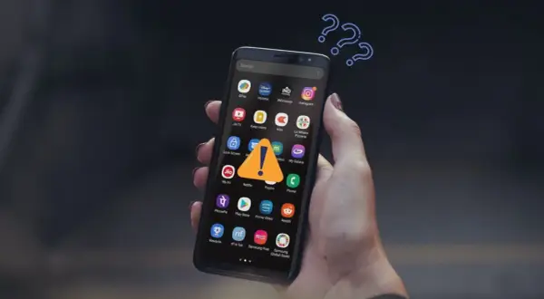 Zastanawiasz się, jak pobierać płatne aplikacje za darmo na Androida? Na ekranie telefonu widnieje ostrzeżenie, a nad nim znaki zapytania.