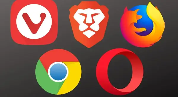 Ikony popularnych przeglądarek internetowych: Vivaldi, Brave, Firefox, Chrome, Opera. Jakie są przeglądarki internetowe?