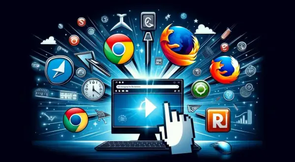 Ikony przeglądarek internetowych (Chrome, Firefox) wokół ekranu komputera z kursorem myszy.