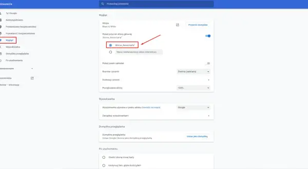 Ustawienia przeglądarki Chrome. Widok strony "Nowa karta". Możesz tu zmienić ustawienia, aby łatwiej było Ci jak zmienić przeglądarkę na Google.
