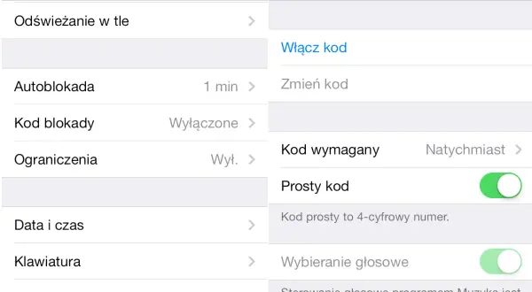 Ekran iPhone'a pokazuje ustawienia "Ogólne", gdzie można zobaczyć opcję "Kod blokady". Aby zmienić kod w iPhone, należy przejść do tej sekcji.