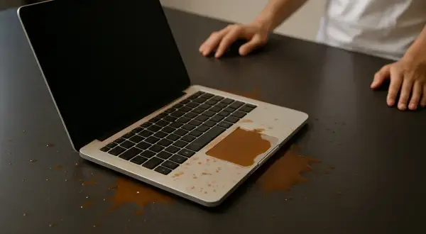 Zalany kawą laptop na biurku. Zastanawiasz się, co zrobić z zalanym laptopem? Szybka reakcja jest kluczowa!