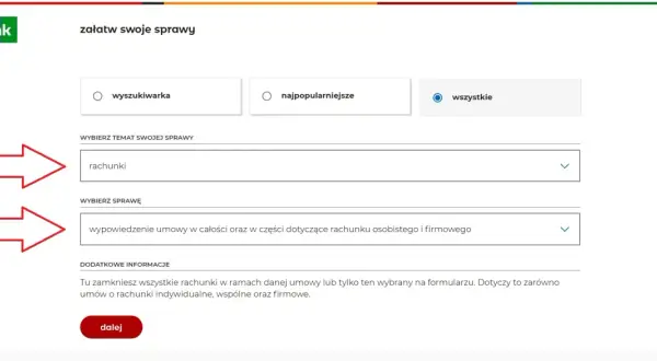 Formularz mBank: wybierz "rachunki", a następnie "wypowiedzenie umowy" by dowiedzieć się jak zamknac konto w mbank przez aplikacje.